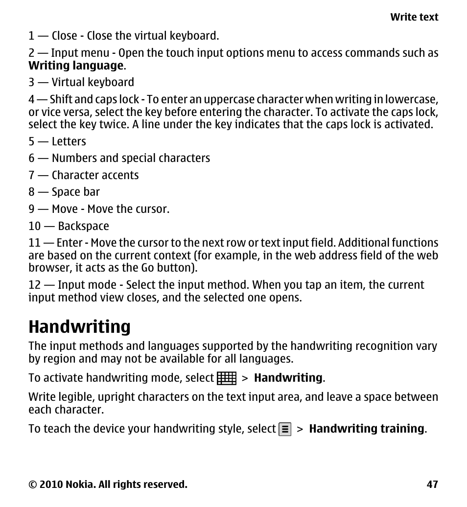 Handwriting | Nokia 5230 User Manual | Page 47 / 164
