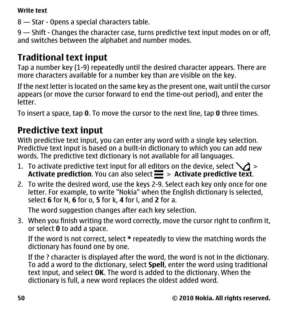 Traditional text input, Predictive text input | Nokia 5230 User Manual | Page 50 / 164