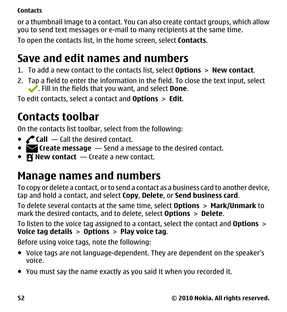 Save and edit names and numbers, Contacts toolbar, Manage names and numbers | Save and edit names and, Numbers | Nokia 5230 User Manual | Page 52 / 164