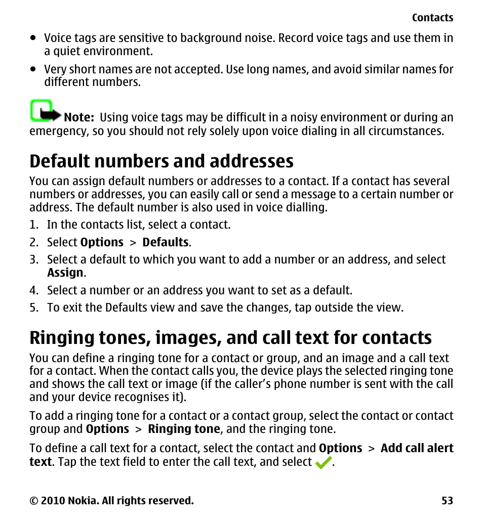 Default numbers and addresses, Ringing tones, images, and call text for contacts, Ringing tones, images, and call text | For contacts | Nokia 5230 User Manual | Page 53 / 164