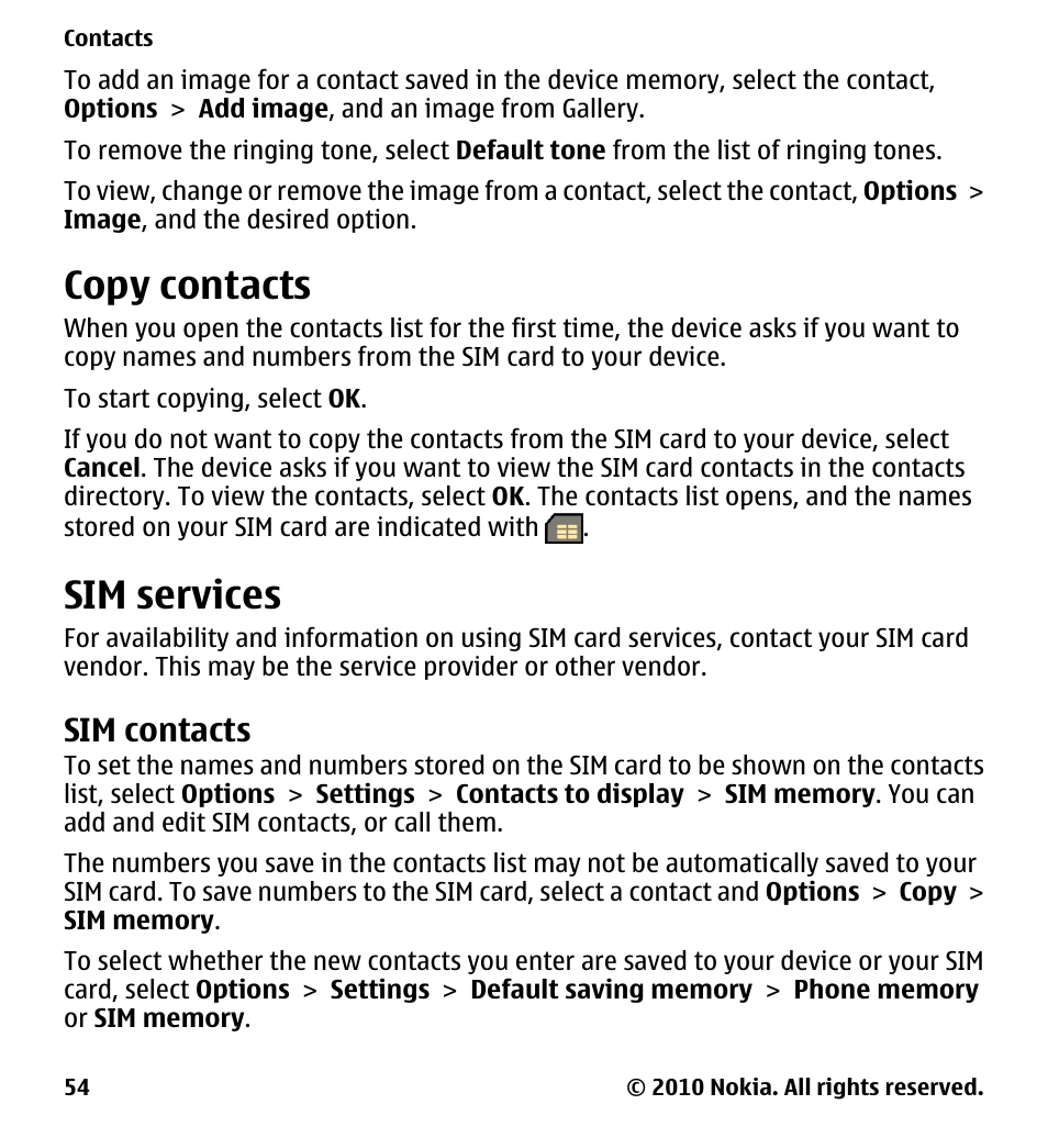 Copy contacts, Sim services, Sim contacts | Nokia 5230 User Manual | Page 54 / 164