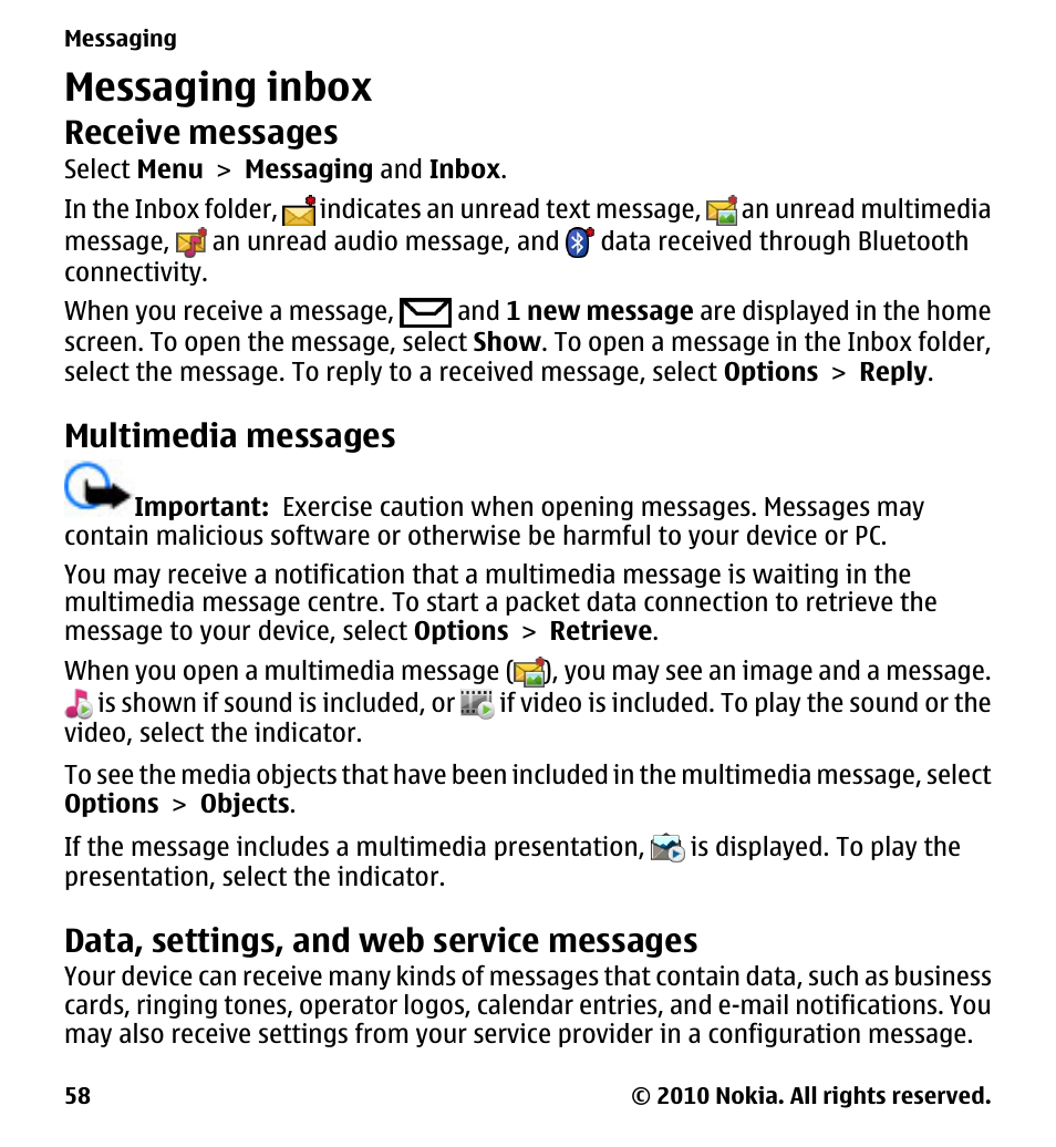 Messaging inbox, Receive messages, Multimedia messages | Data, settings, and web service messages | Nokia 5230 User Manual | Page 58 / 164