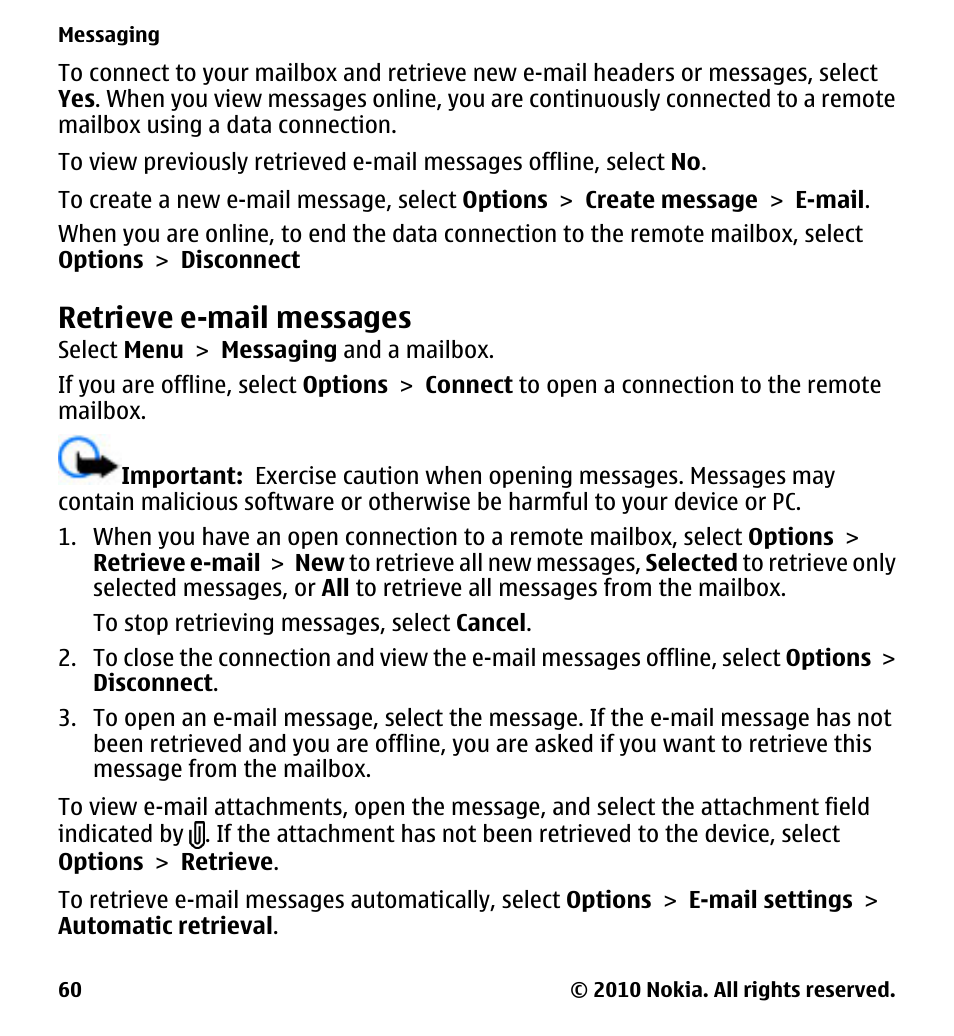 Retrieve e-mail messages | Nokia 5230 User Manual | Page 60 / 164