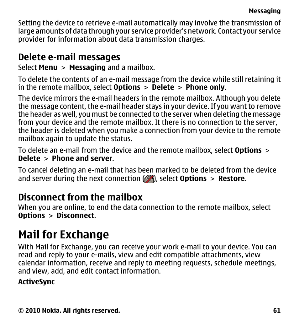 Delete e-mail messages, Disconnect from the mailbox, Mail for exchange | Nokia 5230 User Manual | Page 61 / 164