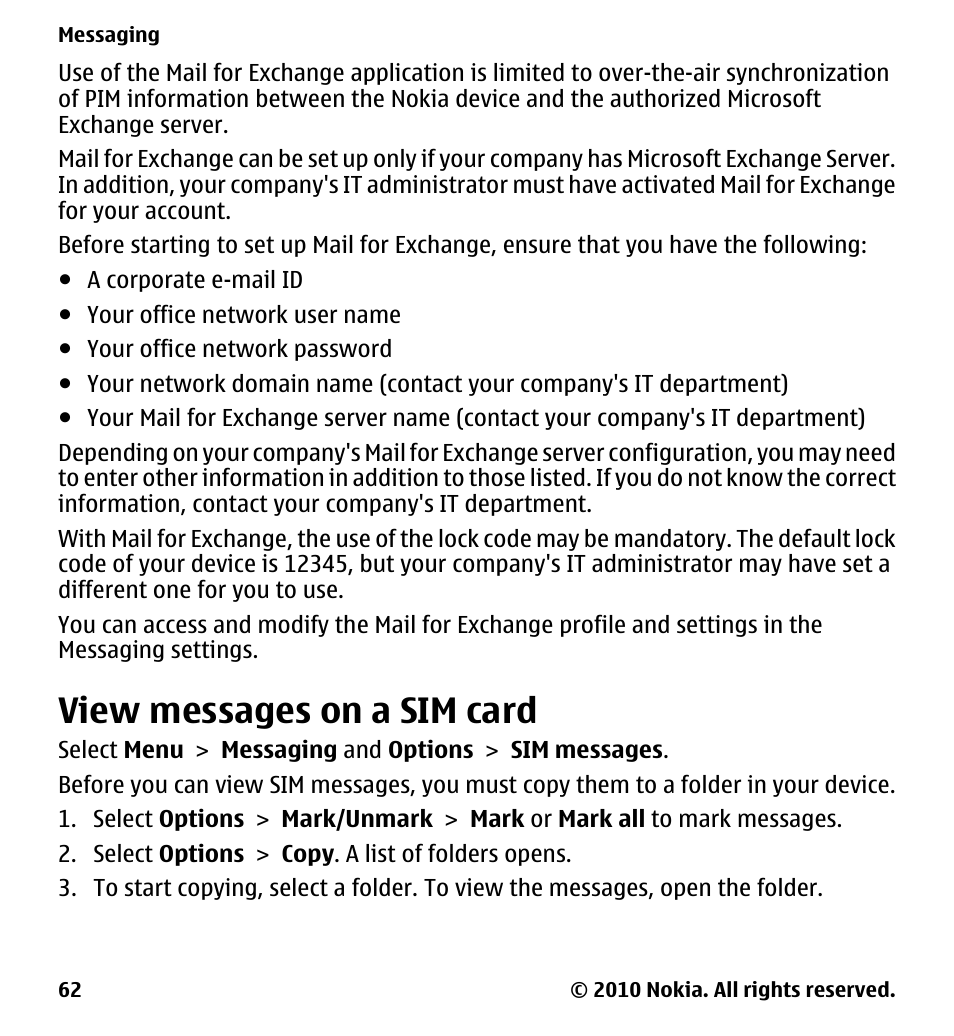 View messages on a sim card | Nokia 5230 User Manual | Page 62 / 164