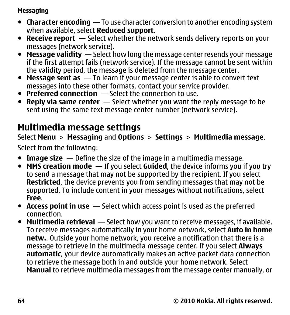 Multimedia message settings | Nokia 5230 User Manual | Page 64 / 164
