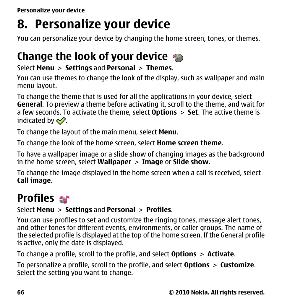 Personalize your device, Change the look of your device, Profiles | Nokia 5230 User Manual | Page 66 / 164