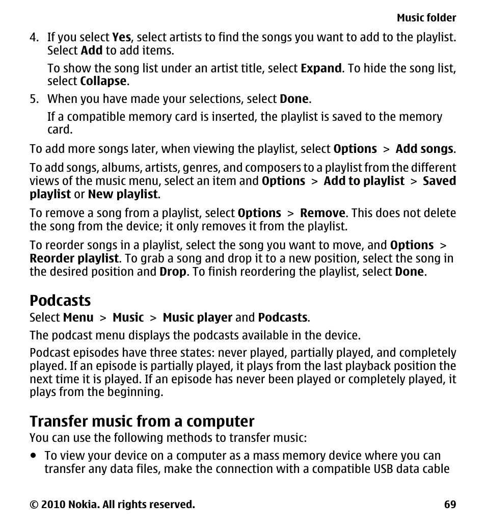 Podcasts, Transfer music from a computer | Nokia 5230 User Manual | Page 69 / 164