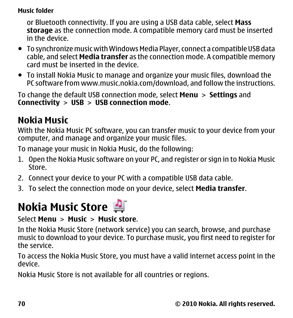 Nokia music, Nokia music store | Nokia 5230 User Manual | Page 70 / 164