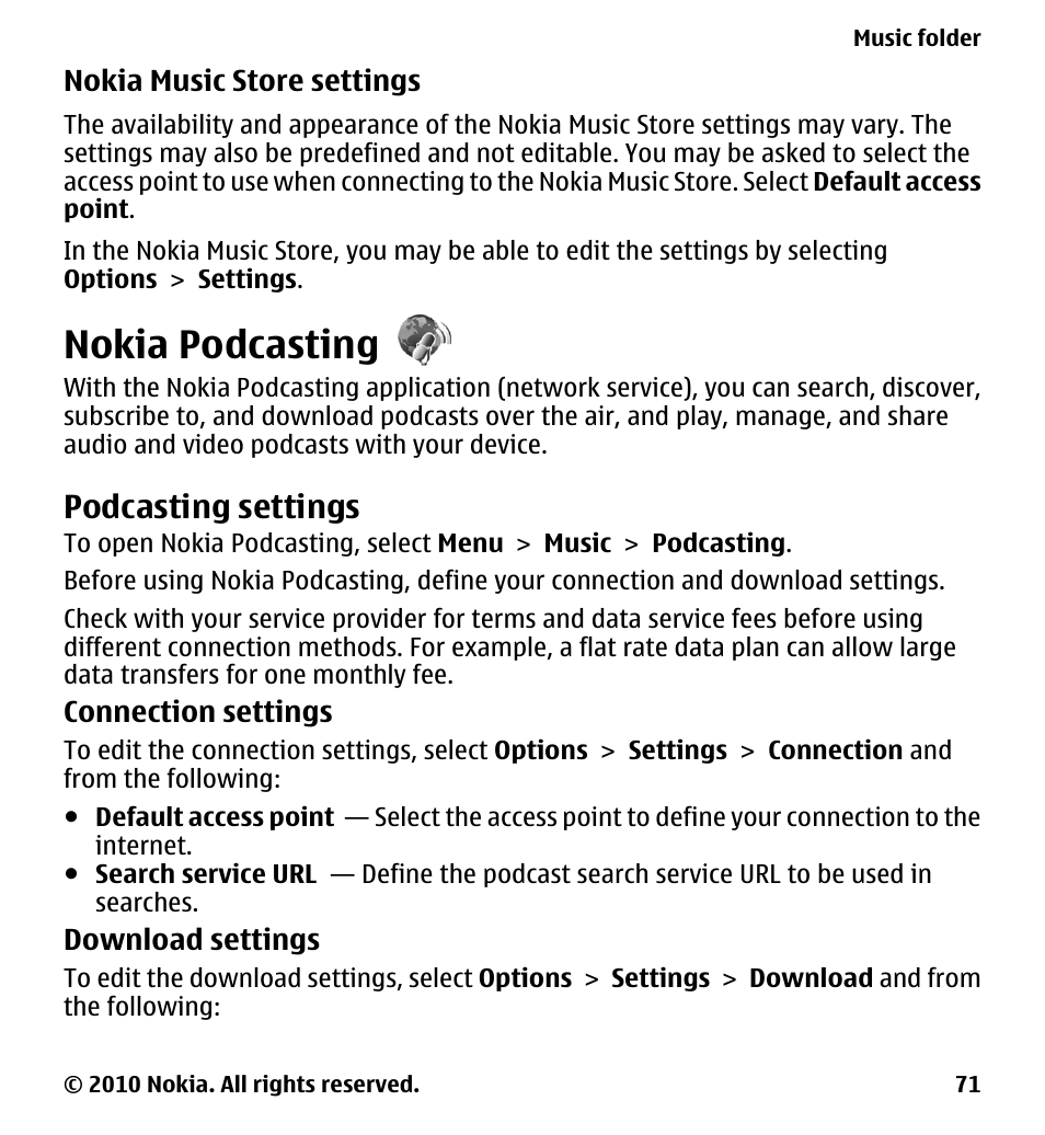 Nokia podcasting, Podcasting settings | Nokia 5230 User Manual | Page 71 / 164