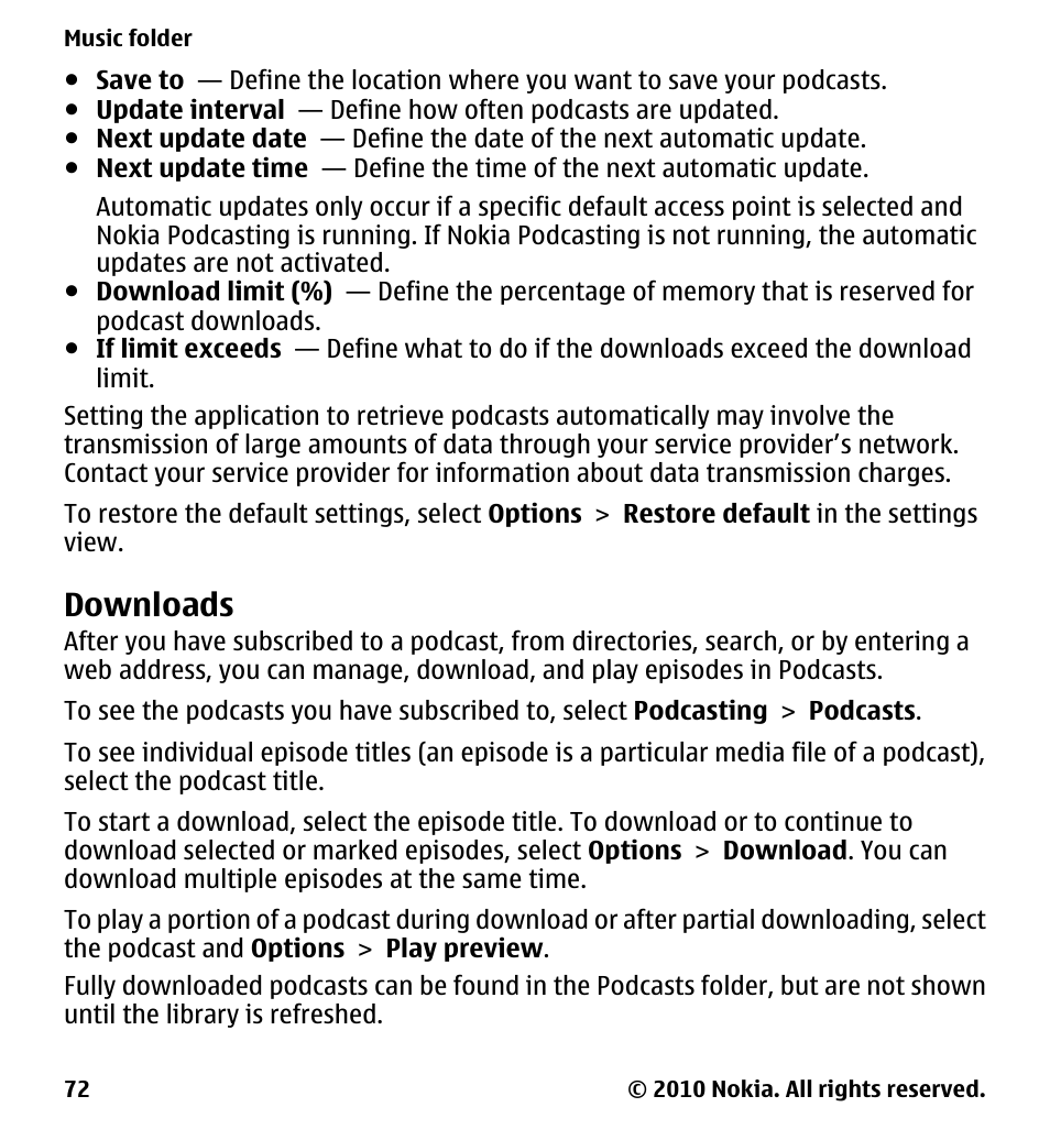 Downloads | Nokia 5230 User Manual | Page 72 / 164