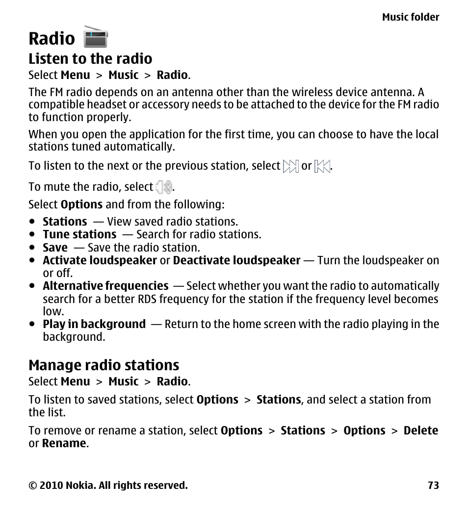 Radio, Listen to the radio, Manage radio stations | Nokia 5230 User Manual | Page 73 / 164