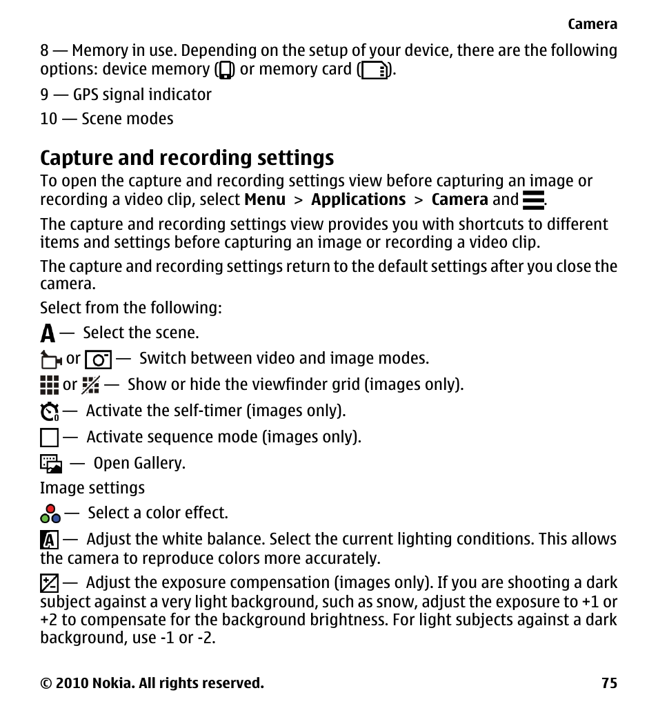 Capture and recording settings | Nokia 5230 User Manual | Page 75 / 164