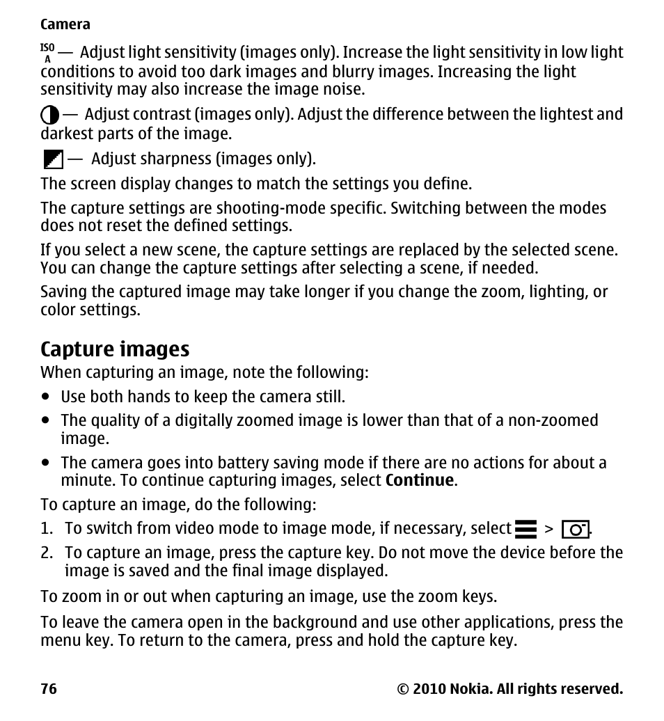 Capture images | Nokia 5230 User Manual | Page 76 / 164