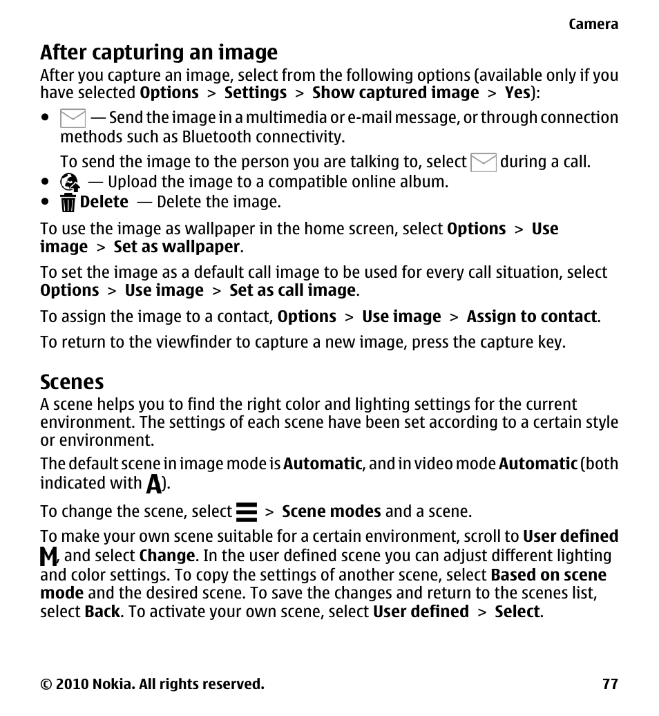 After capturing an image, Scenes | Nokia 5230 User Manual | Page 77 / 164