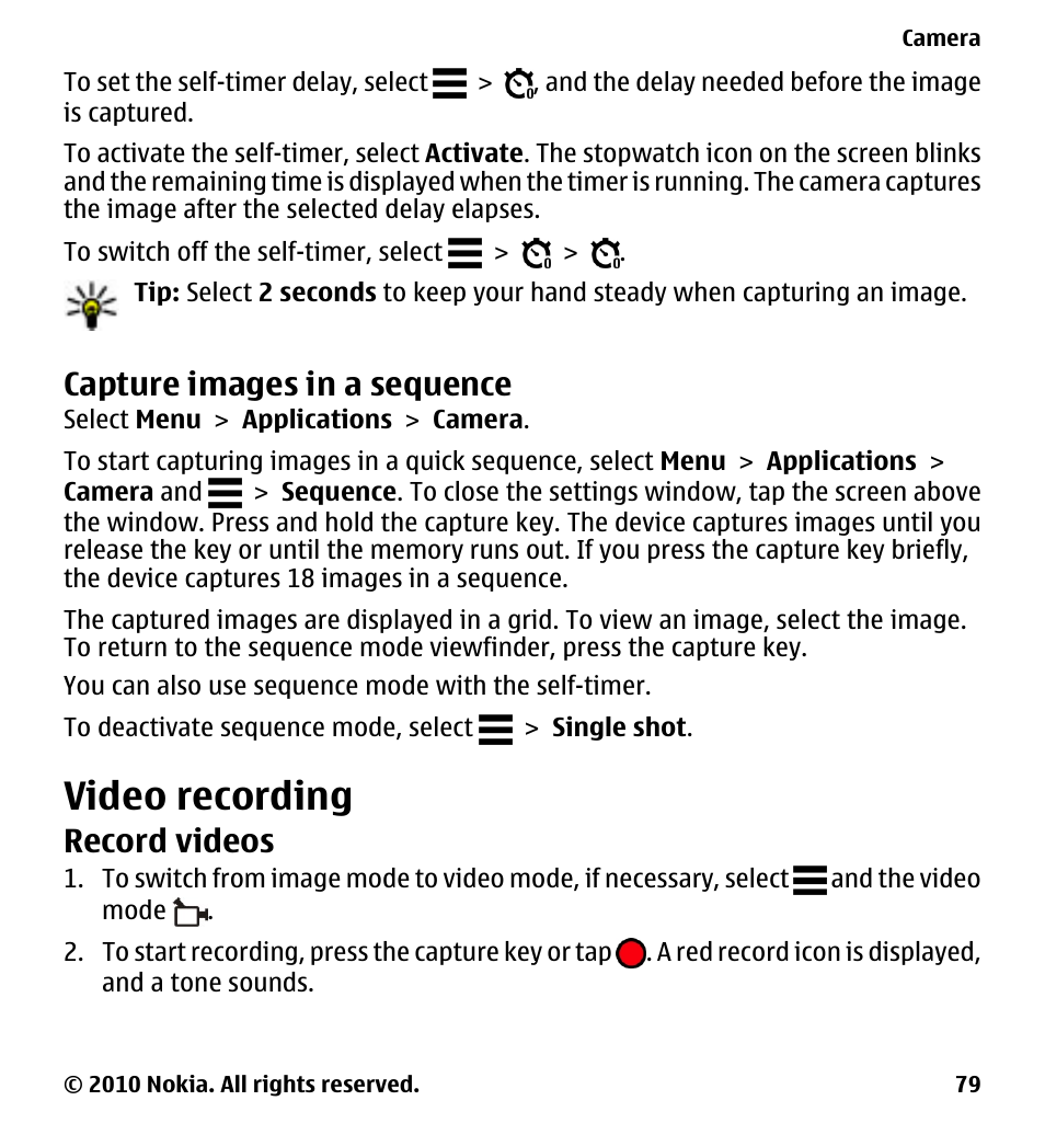 Capture images in a sequence, Video recording, Record videos | Nokia 5230 User Manual | Page 79 / 164