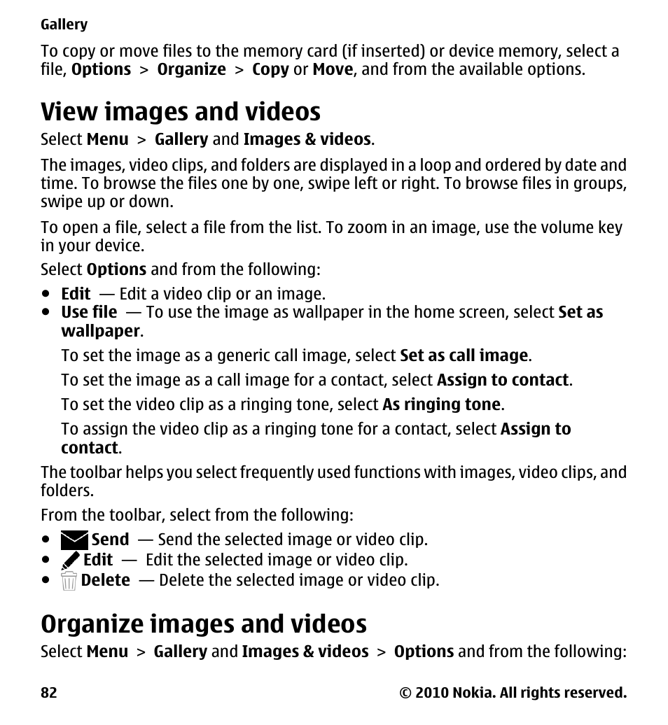 View images and videos, Organize images and videos | Nokia 5230 User Manual | Page 82 / 164