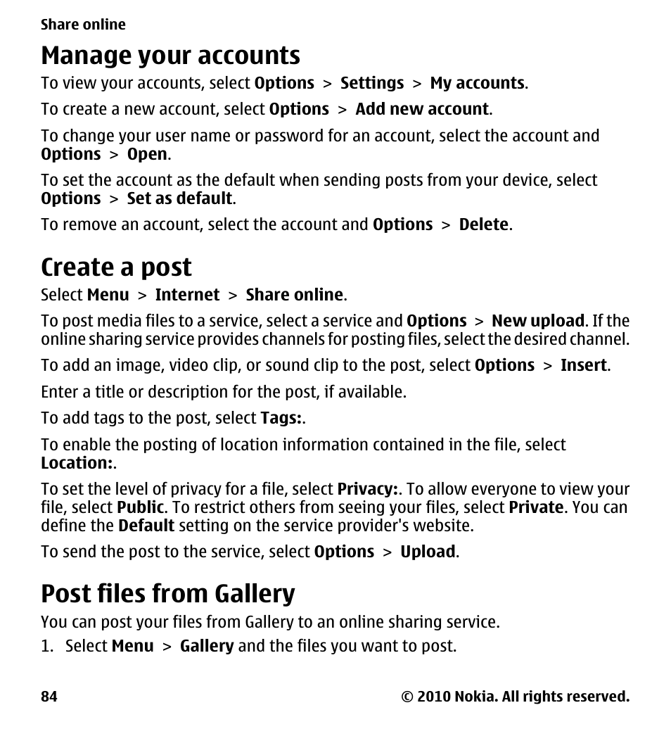 Manage your accounts, Create a post, Post files from gallery | Nokia 5230 User Manual | Page 84 / 164