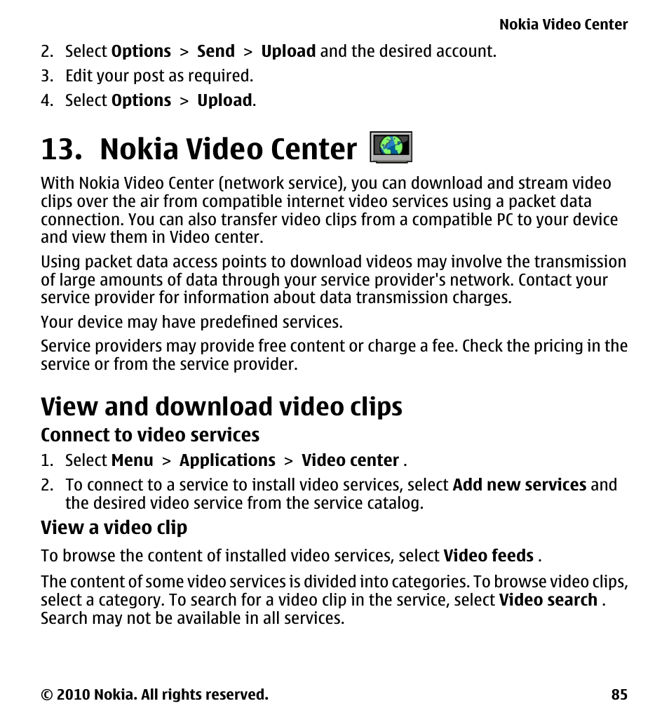 Nokia video center, View and download video clips | Nokia 5230 User Manual | Page 85 / 164