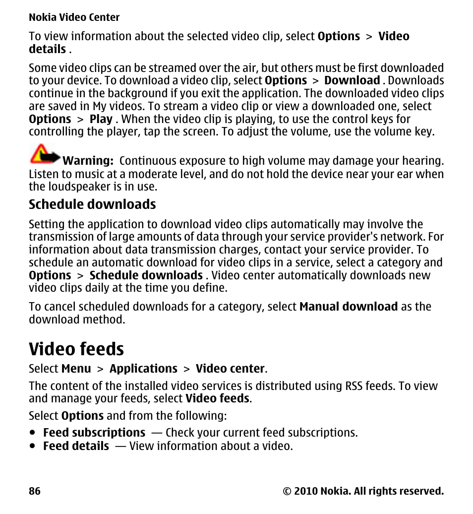 Video feeds | Nokia 5230 User Manual | Page 86 / 164