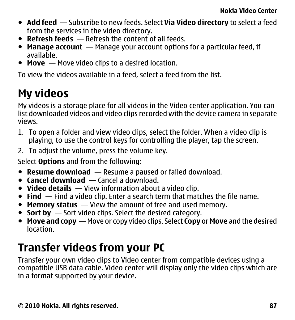 My videos, Transfer videos from your pc | Nokia 5230 User Manual | Page 87 / 164