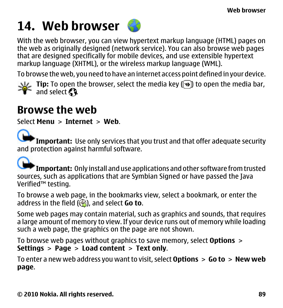 Web browser, Browse the web | Nokia 5230 User Manual | Page 89 / 164
