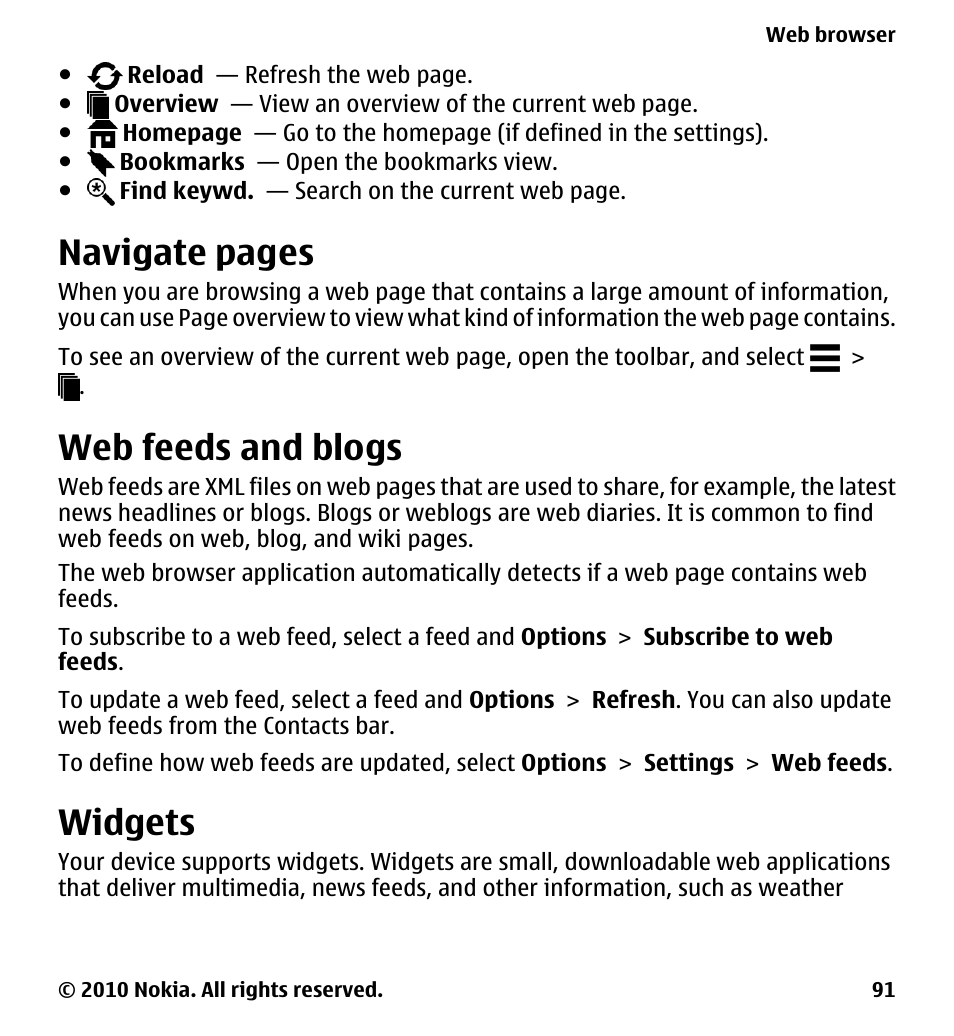 Web feeds and blogs, Widgets, Navigate pages | Nokia 5230 User Manual | Page 91 / 164
