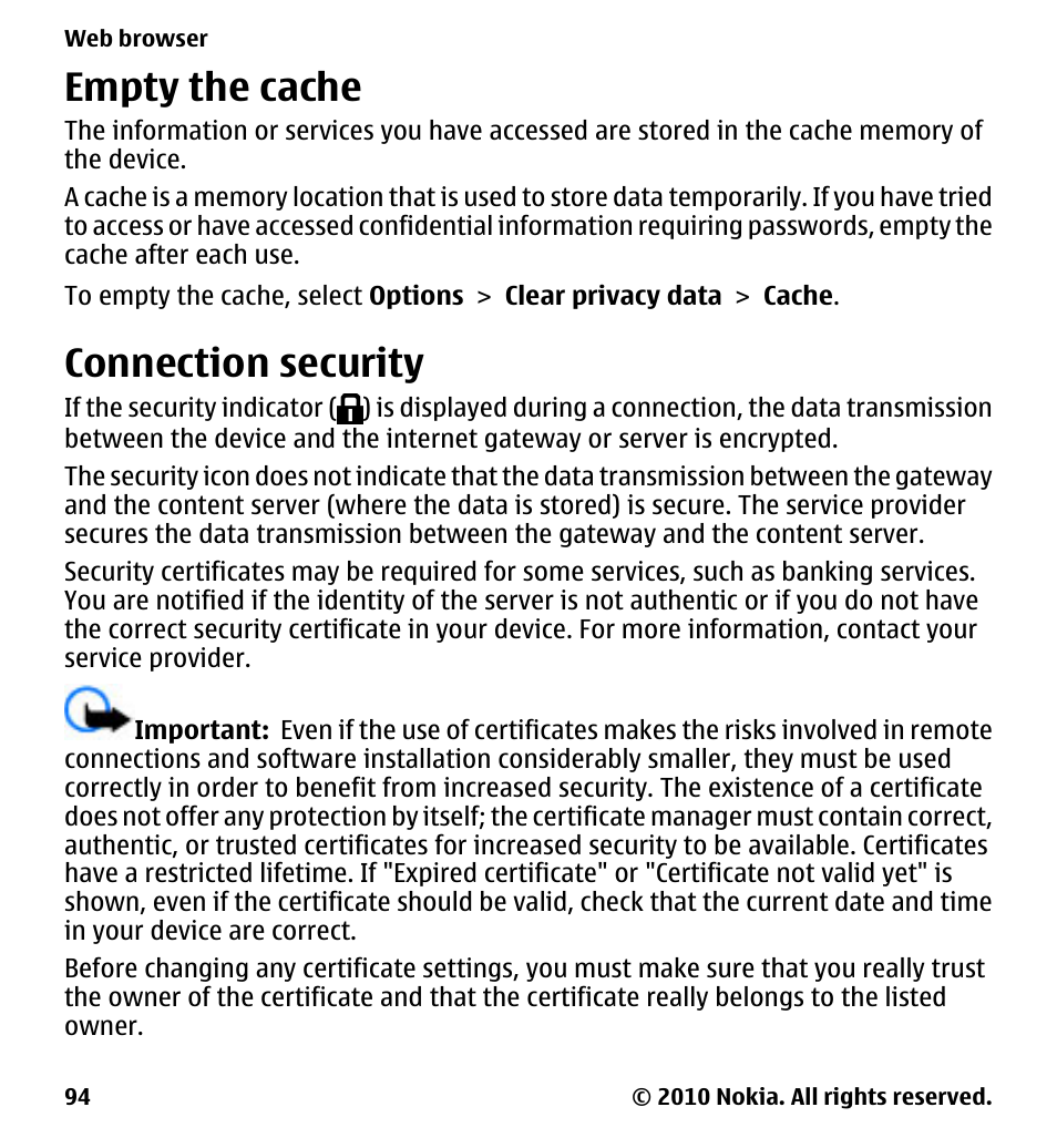 Empty the cache, Connection security | Nokia 5230 User Manual | Page 94 / 164
