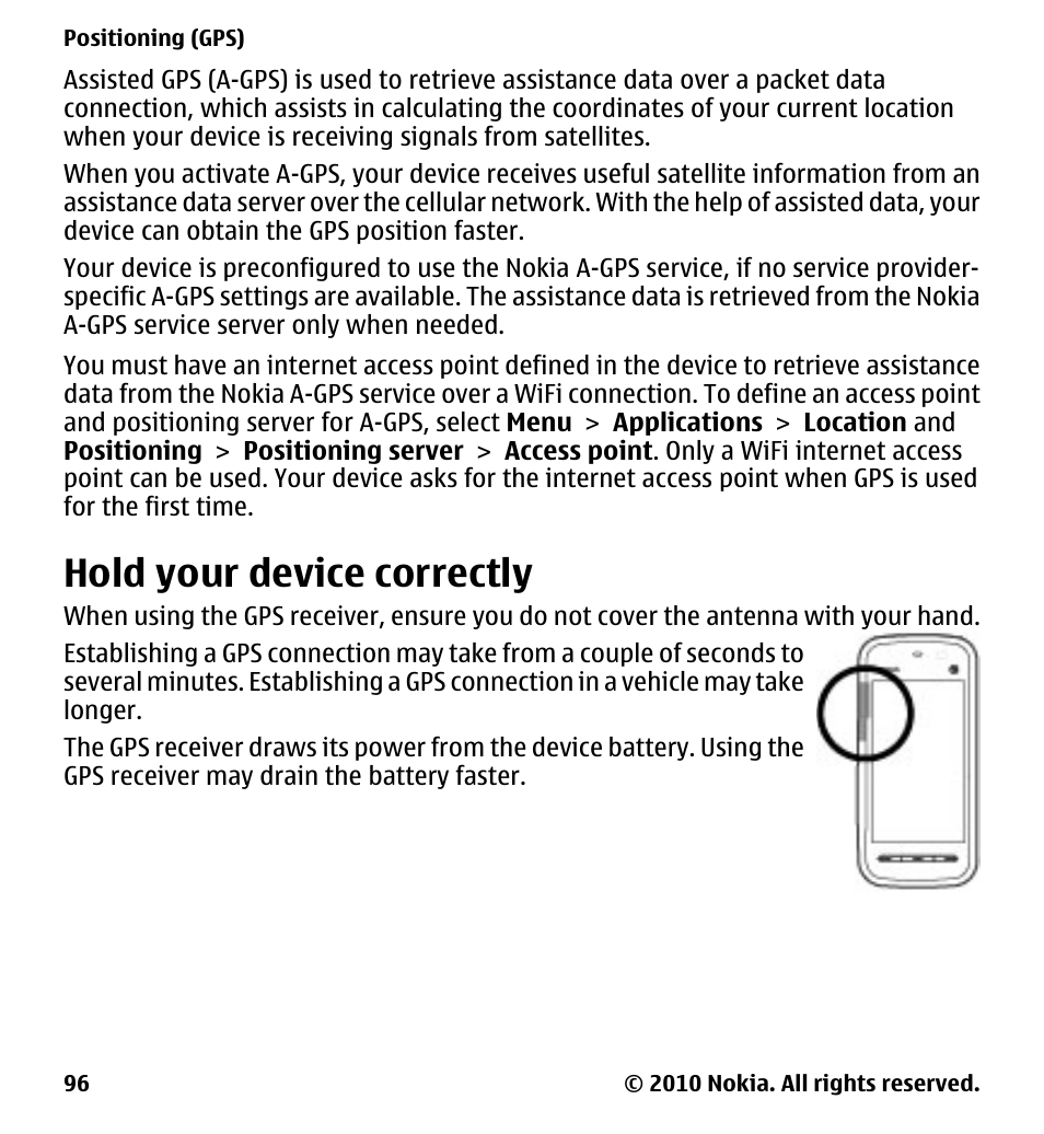 Hold your device correctly | Nokia 5230 User Manual | Page 96 / 164