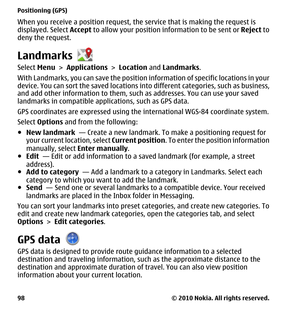 Landmarks, Gps data | Nokia 5230 User Manual | Page 98 / 164