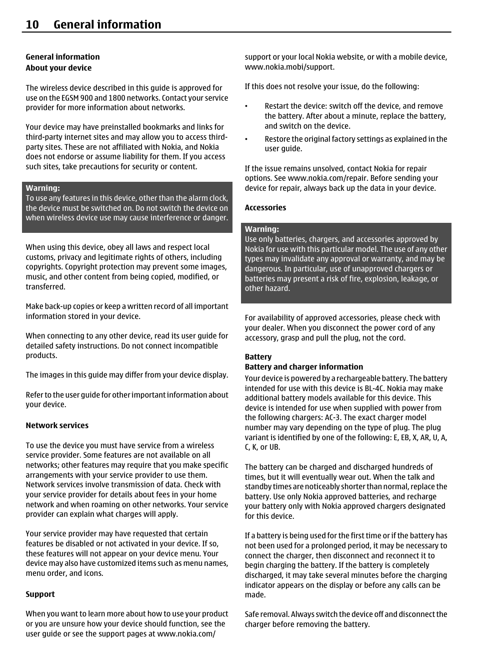 General information, Accessories, Battery | Battery and charger information, 10 general information | Nokia 1203 User Manual | Page 10 / 14