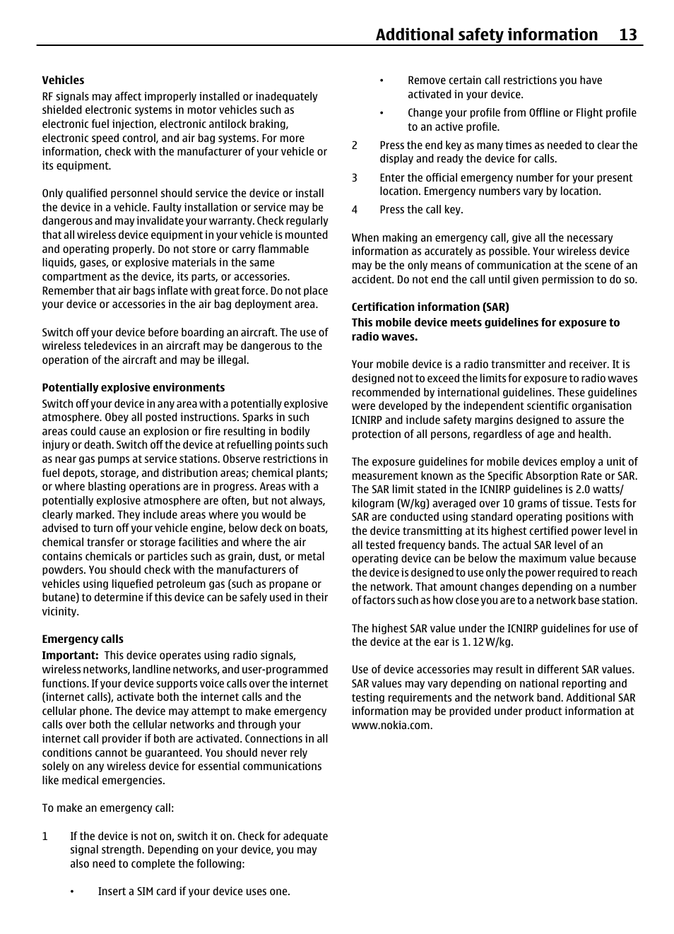 Vehicles, Potentially explosive environments, Emergency calls | Certification information (sar), Additional safety information 13 | Nokia 1203 User Manual | Page 13 / 14