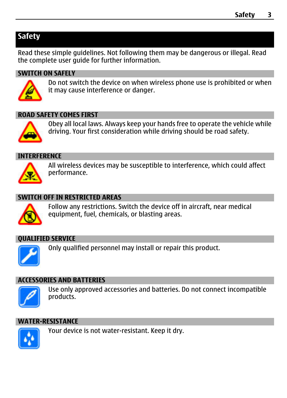 Safety, Switch on safely, Road safety comes first | Interference, Switch off in restricted areas, Qualified service, Accessories and batteries, Water-resistance | Nokia 1203 User Manual | Page 3 / 14