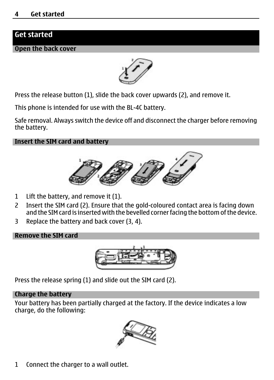 Get started, Open the back cover, Insert the sim card and battery | Remove the sim card, Charge the battery | Nokia 1203 User Manual | Page 4 / 14