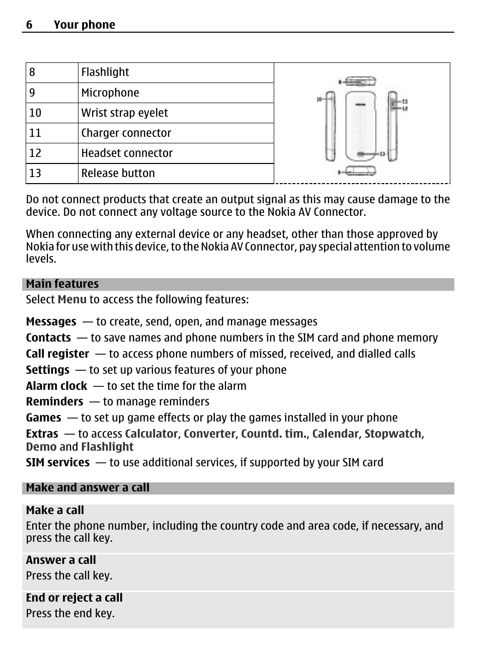 Main features, Make and answer a call | Nokia 1203 User Manual | Page 6 / 14