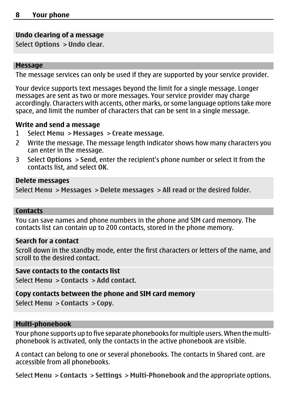 Message, Contacts, Multi-phonebook | Nokia 1203 User Manual | Page 8 / 14