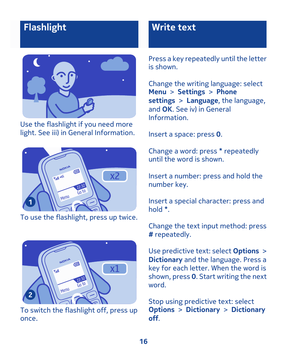 Flashlight, Write text | Nokia 103 User Manual | Page 16 / 34