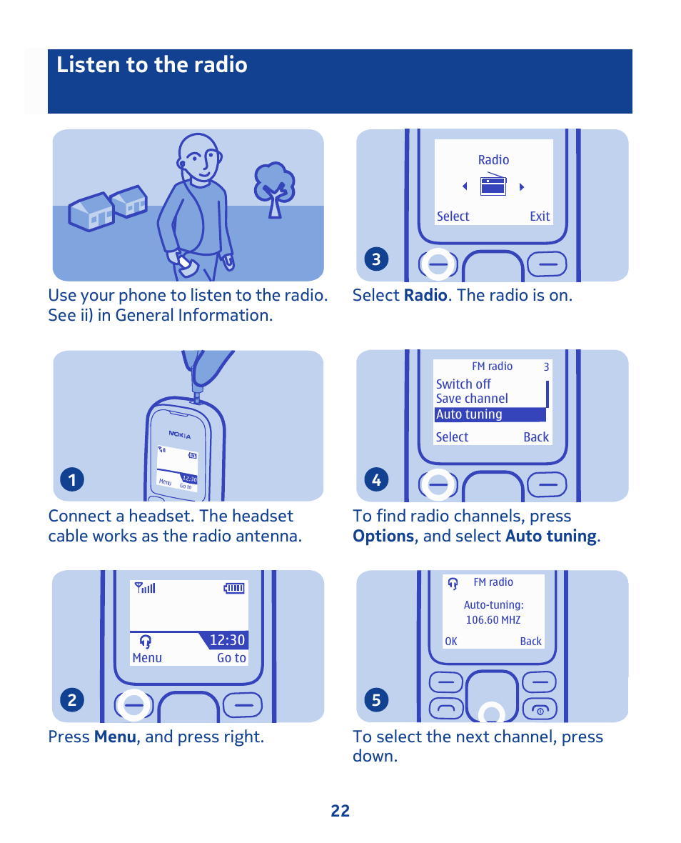 Listen to the radio | Nokia 103 User Manual | Page 22 / 34