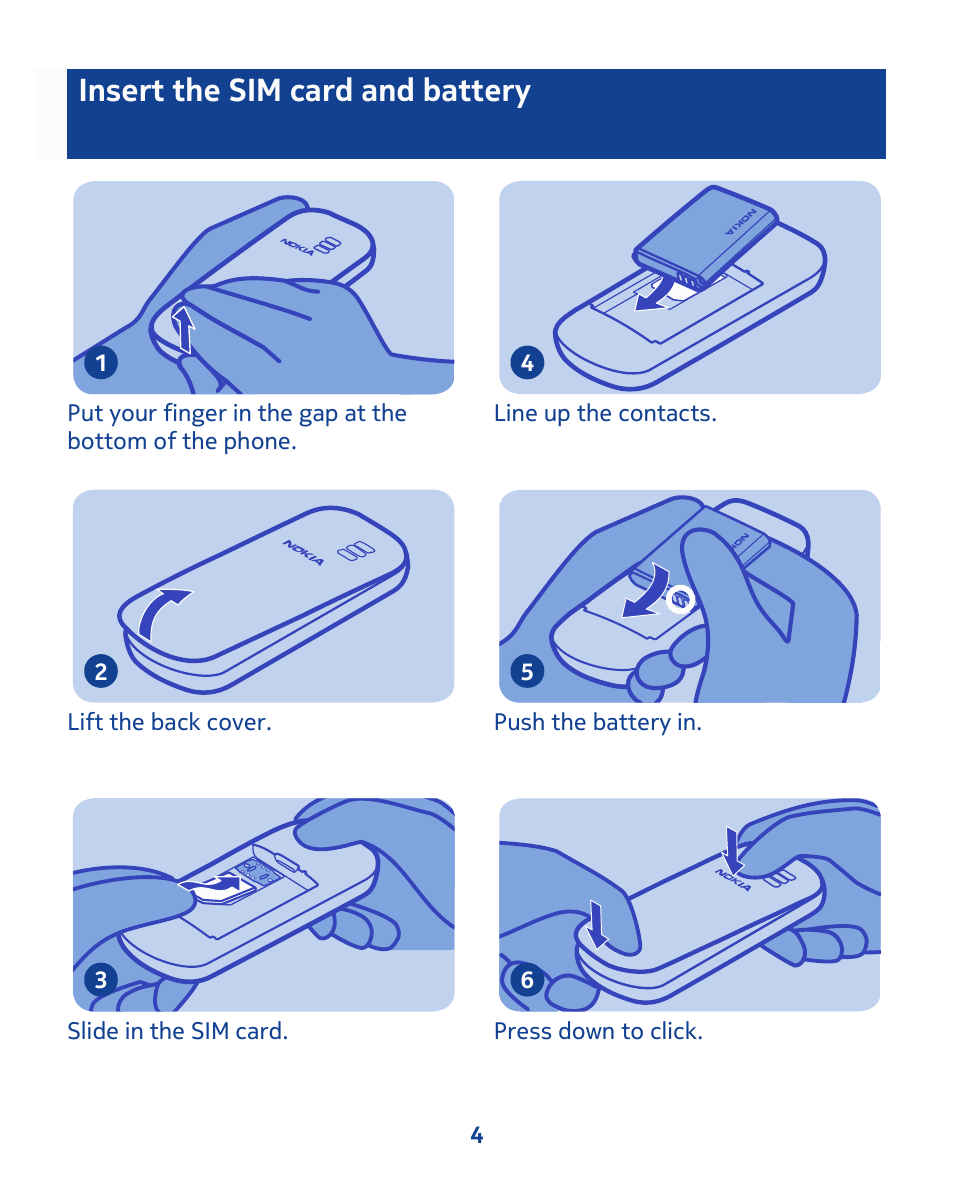 Insert the sim card and battery | Nokia 103 User Manual | Page 4 / 34