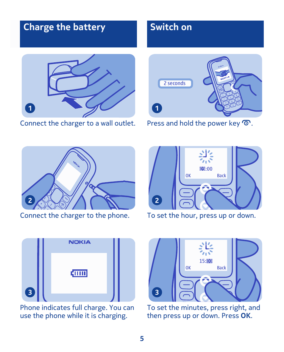 Charge the battery, Switch on | Nokia 103 User Manual | Page 5 / 34