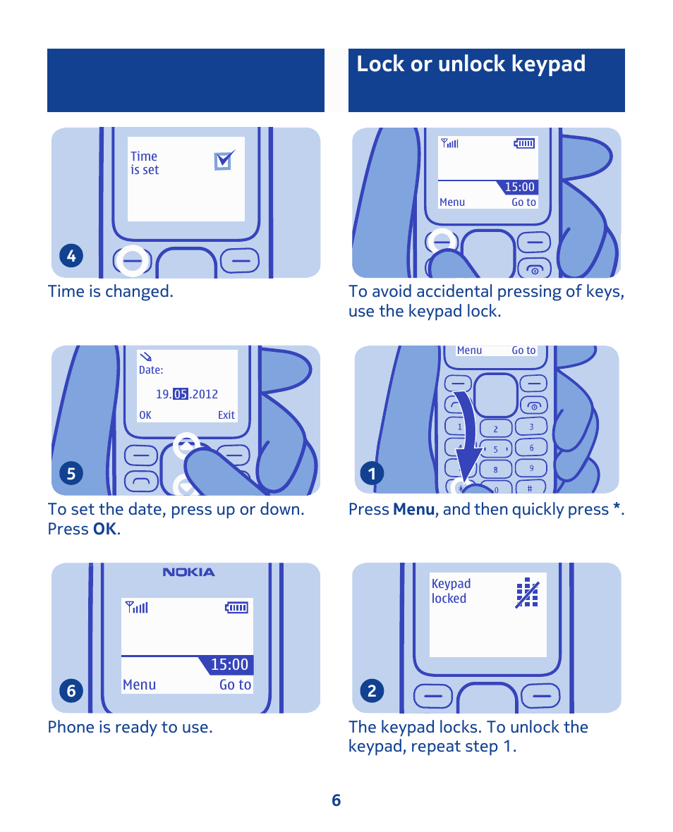 Lock or unlock keypad | Nokia 103 User Manual | Page 6 / 34