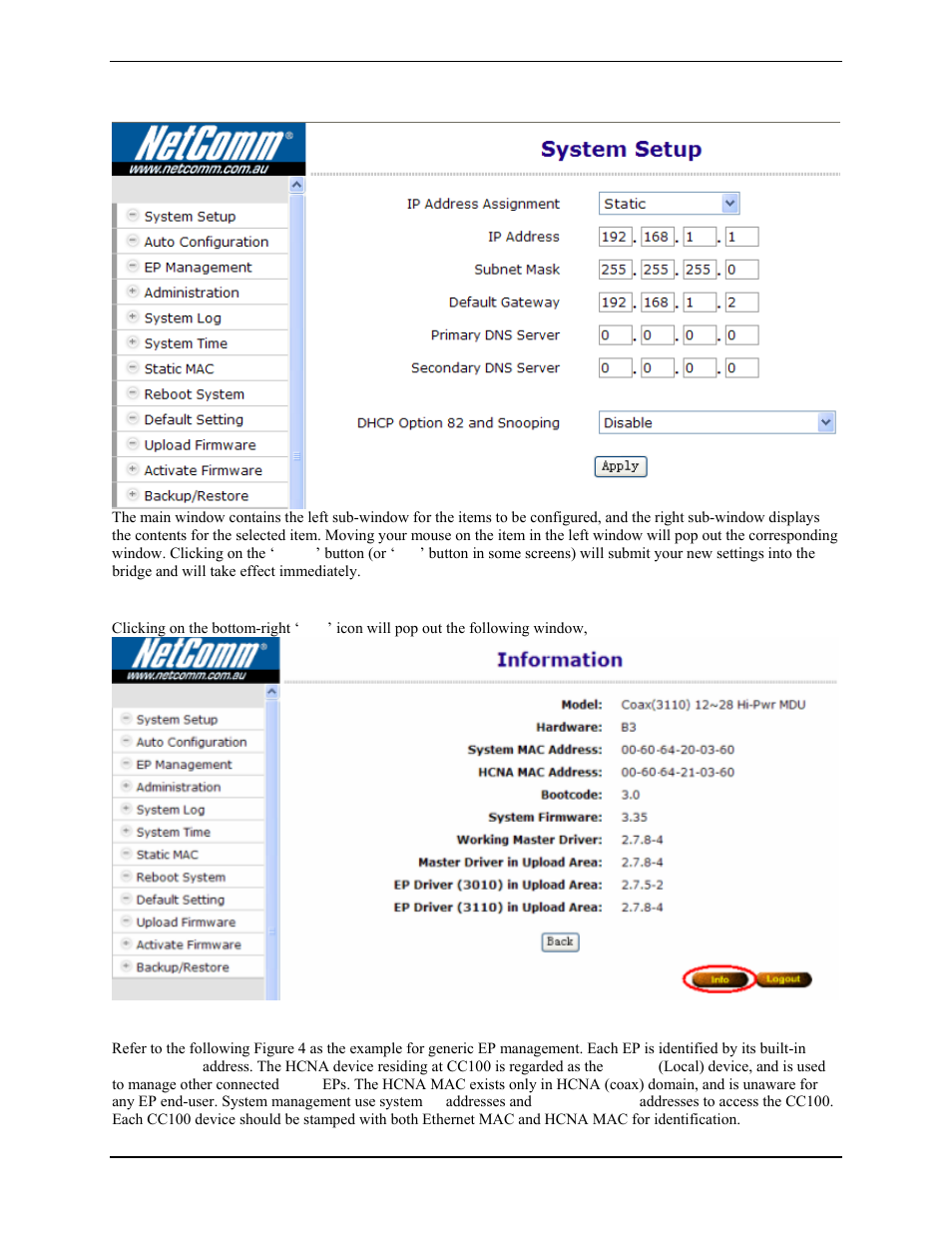 System setup (tcp/ip properties), System assets (information), Ep (user) management | Nokia CC100 User Manual | Page 10 / 56
