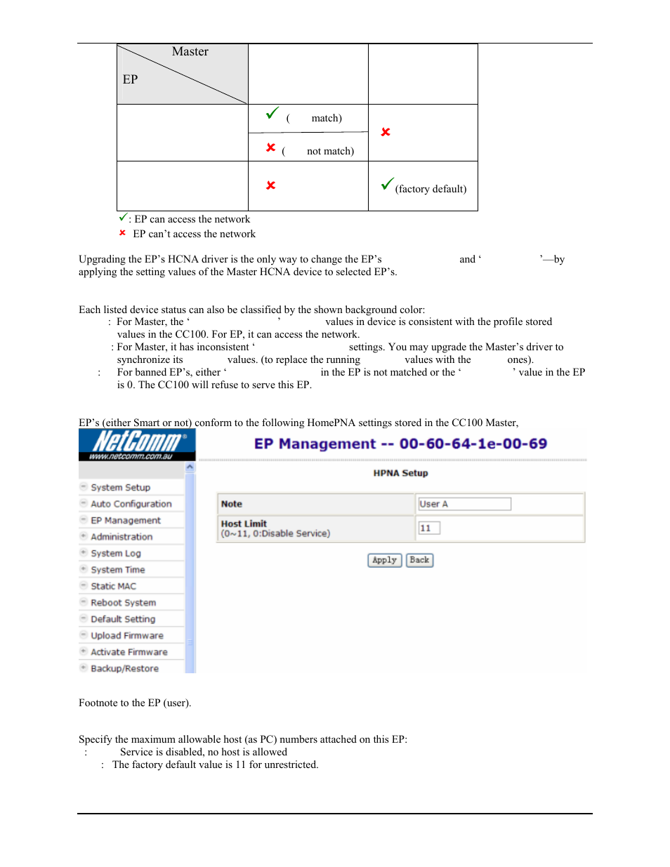 Profile status for master and ep, Ep homepna properties (hpna), Note | Host limit, On off on | Nokia CC100 User Manual | Page 16 / 56