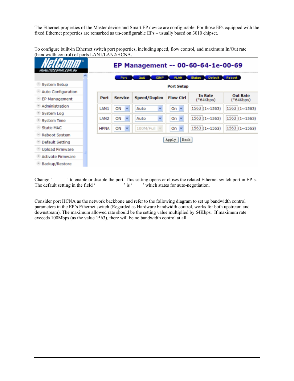 Master/smart ep ethernet properties (ether), Port setup, Service and speed/duplex | Bandwidth control | Nokia CC100 User Manual | Page 17 / 56