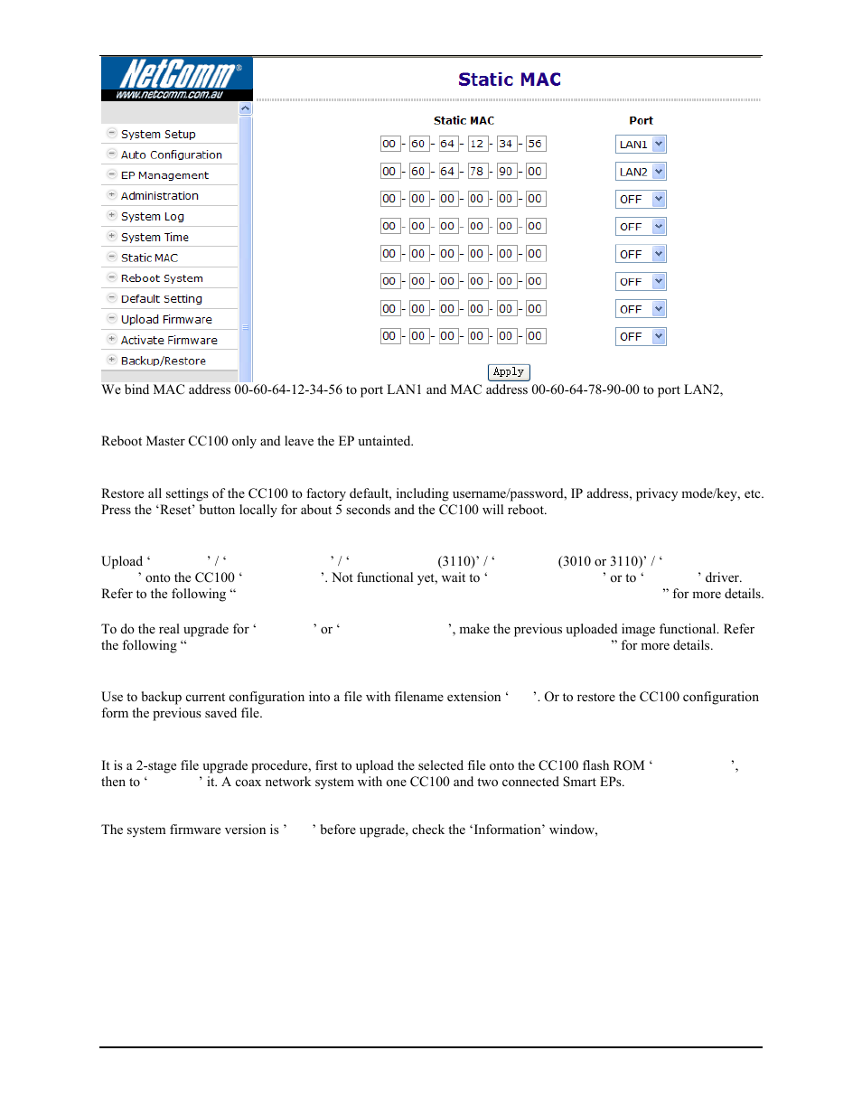 Reboot system, Default setting, Upload firmware | Activate firmware, Backup/restore configuration, Current system firmware and hcna driver version | Nokia CC100 User Manual | Page 29 / 56