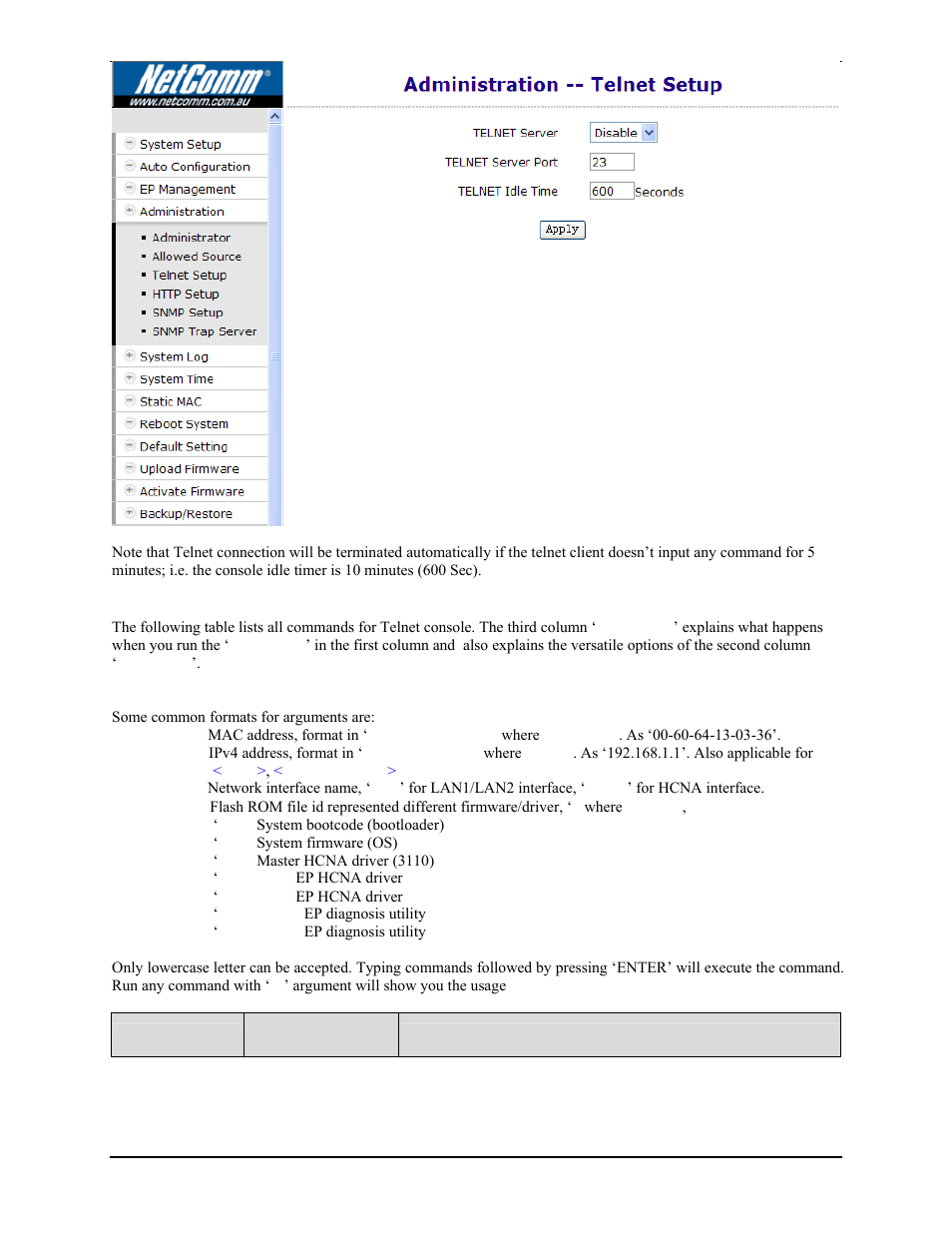 Command sets for telnet console | Nokia CC100 User Manual | Page 42 / 56