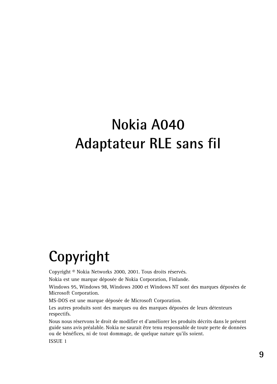 Nokia a040 adaptateur rle sans fil copyright | Nokia A040 User Manual | Page 11 / 66
