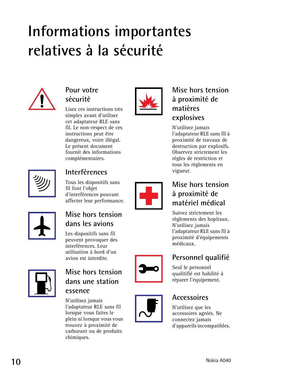 Informations importantes relatives à la sécurité | Nokia A040 User Manual | Page 12 / 66