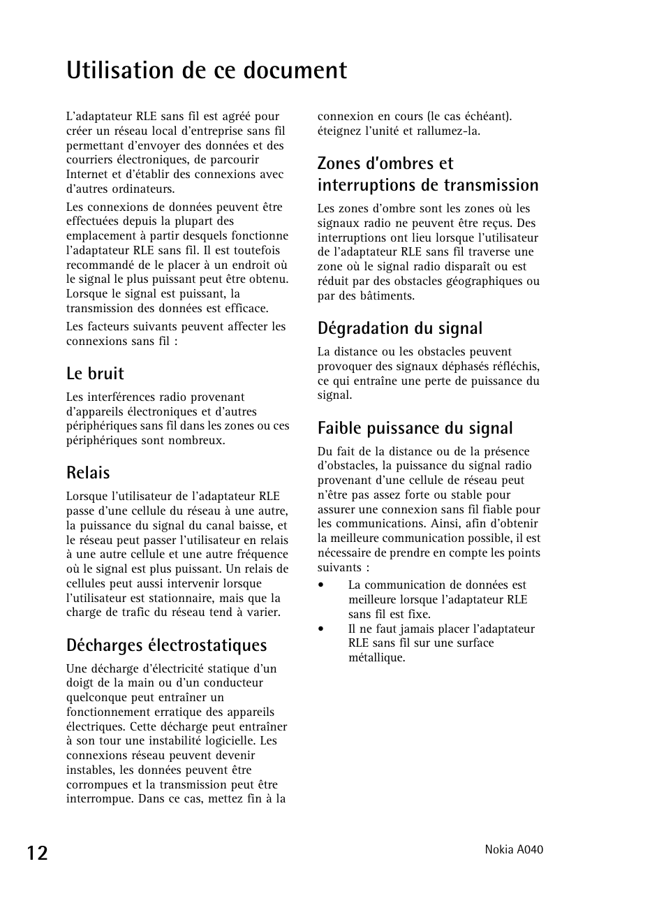 Utilisation de ce document | Nokia A040 User Manual | Page 14 / 66