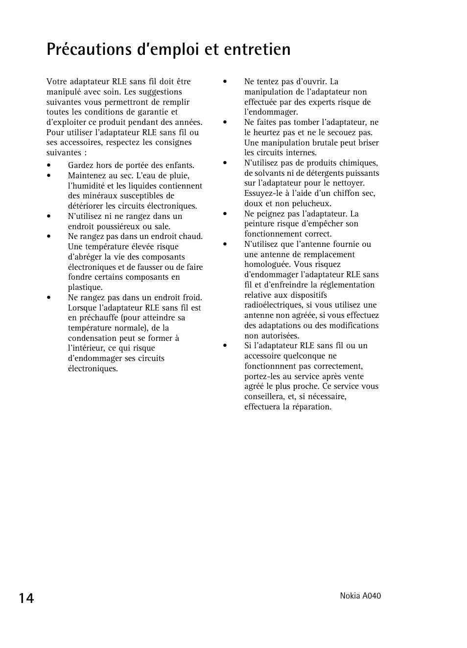 Précautions d’emploi et entretien | Nokia A040 User Manual | Page 16 / 66